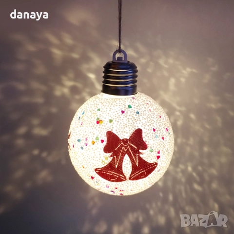 6202 Светеща коледна топка за елха с декорация панделка и снежинка, 8 см, снимка 2 - Декорация за дома - 52690571