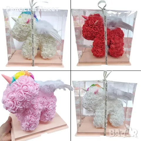 Еднорог от вечни рози с крила от пера ,22х22см,в подаръчна кутия, снимка 7 - Подаръци за жени - 48815175