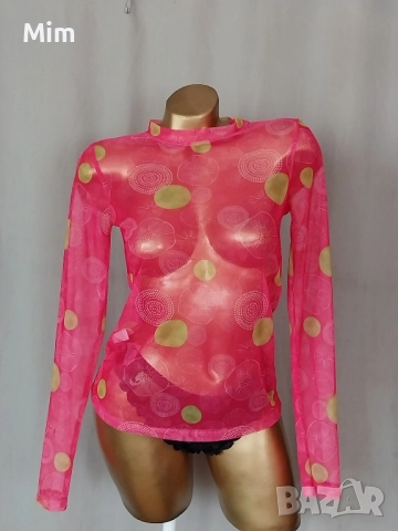 S/M Розова блуза с дълъг ръкав от прозрачен, еластичен ,тюл 