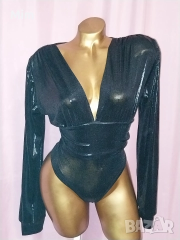  Резервирани Италиянско Черно боди с дълъг ръкав с кожен мокър ефект , снимка 3 - Бельо - 52620863