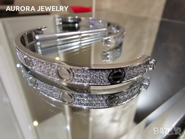 CARTIER Love Paved Silver Classic Diamonds Гривна с Отверка, снимка 6 - Гривни - 53029556