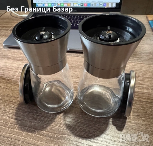 Нови Ръчни мелнички за сол и пипер комплект 2 броя, стъкло и неръждаема стомана, регулируемо смилане