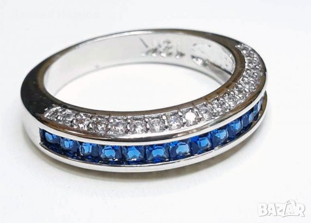 Златен пръстен Бяло Злато 18К със Сини камъни Сваровски НОВ, снимка 3 - Пръстени - 28958640