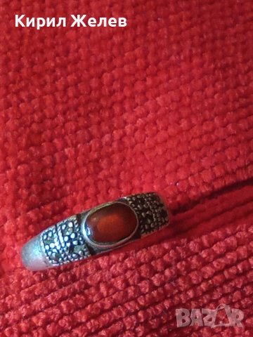 СТАРИНЕН СРЕБЪРЕН с ЧЕРВЕН КЕХЛИБАР АРТ ДЕКО ПРЪСТЕН СРЕБРО 925 с 3 МАРКИРОВКИ и МАРКАЗИТИ 27192, снимка 7 - Антикварни и старинни предмети - 36869057