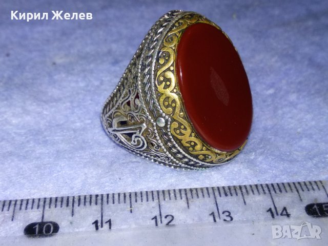 ОГРОМЕН СТАР ТУРСКИ СРЕБЪРЕН СКЪПОЦЕНЕН РЕТРО ПРЪСТЕН СРЕБРО 925 с ПОЛИРАН КАРНЕОЛ в ПОЗЛАТА 30747, снимка 15 - Антикварни и старинни предмети - 40575365