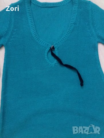 Тюркоазена блуза с отворен гръб  - рехаво памучно плетиво, снимка 3 - Блузи с дълъг ръкав и пуловери - 27861511