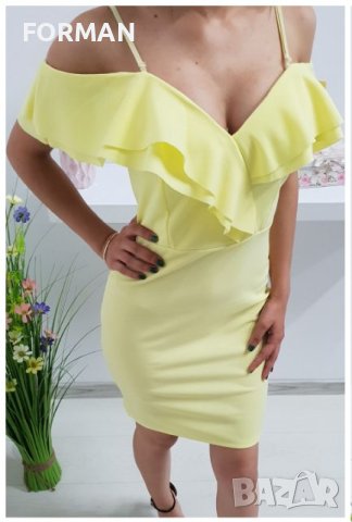 Жълта рокля с къдрички над бюста и около раменете, снимка 1 - Рокли - 40773063