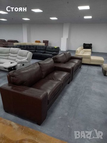 Два кафяви кожени дивана тройки - естествена кожа, снимка 4 - Дивани и мека мебел - 39330713