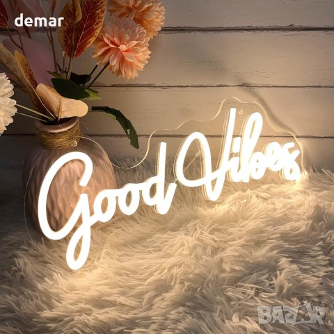 Неонова LED табела "Good Vibes" за декорация с USB порт 40х18 см, снимка 5 - Декорация за дома - 43299594