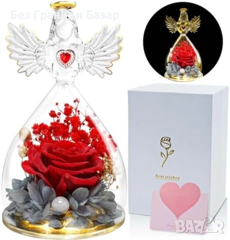 Нова Истинска консервирана роза ангел с осветление и подаръчна кутия, снимка 7 - Декорация за дома - 53154475