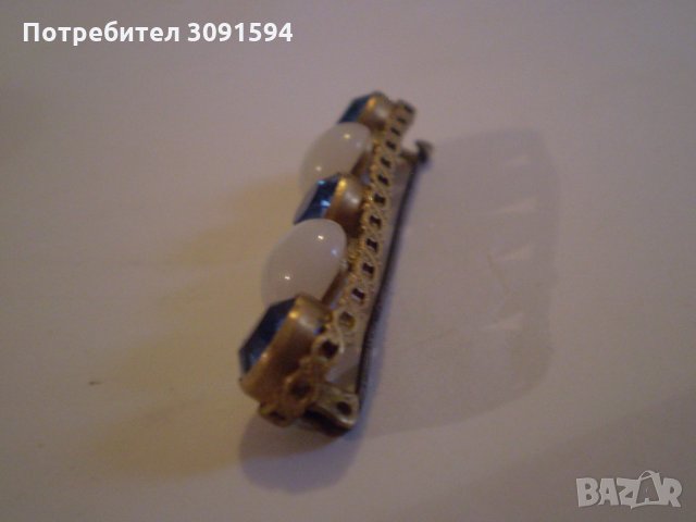 Стара Дамска Брошка МЕСИНГ стъкло е син кристал, снимка 4 - Антикварни и старинни предмети - 35094144