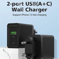 Vention бързо зарядно Fast Charger Wall - QC4.0, PD Type-C + QC3.0 USB A, 20W Black - FBBB0, снимка 2 - Оригинални зарядни - 43454633