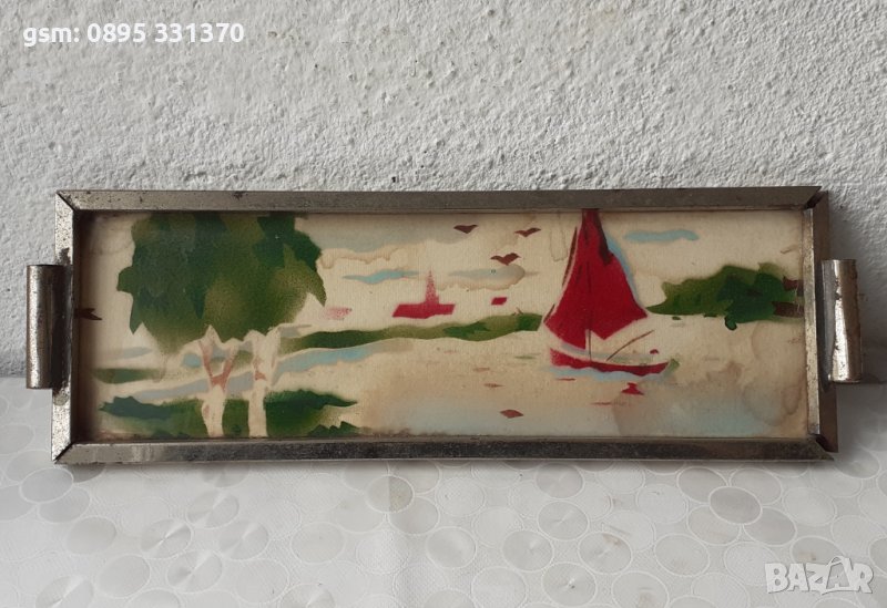 Стар поднос с рисунка, лодка, пейзаж, картина, снимка 1