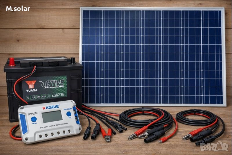 Соларна система комплект.Панел,контролер акумулатор кабели., снимка 1