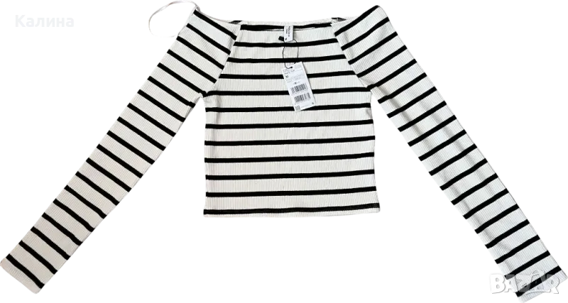 ЧИСТО НОВА Къса блузка/топ с бели и черни ивици, снимка 1