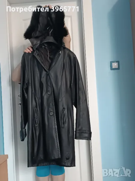 Кожено дамско яке с качулка, снимка 1