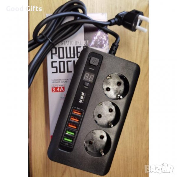 Разклонител 3 гнезда + 5 USB HUB + таймер, снимка 1
