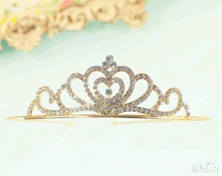 Златиста със сърце сърца и камъчета метална диадема тиара венец корона дамска детска, снимка 1