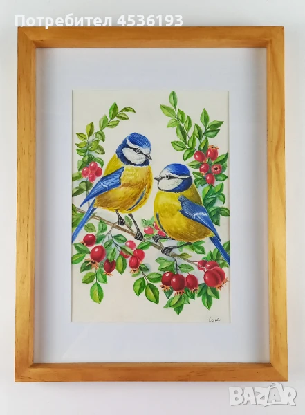 Акварелна картина – Сини синигери на шипка, снимка 1
