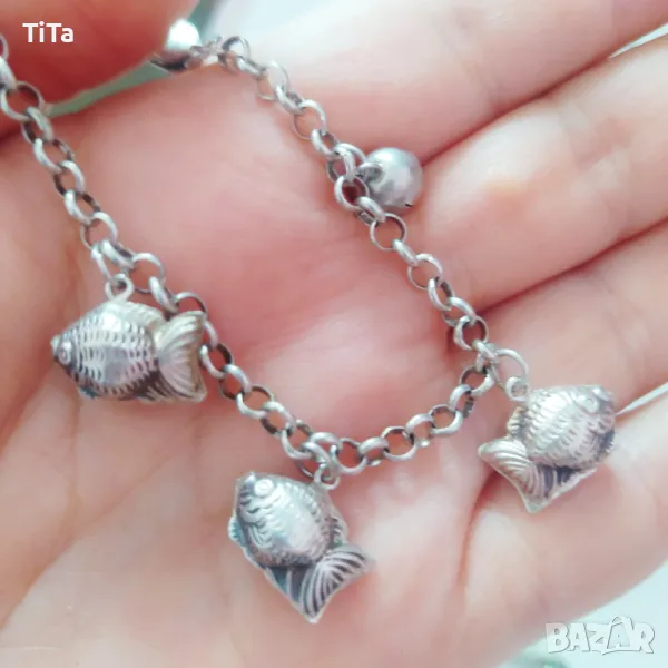925 Сребърна гривна с рибки , снимка 1