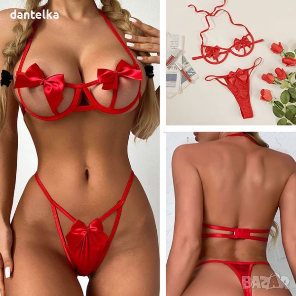 В1352 Еротично бельо, Секси комплект от две части с червени панделки, еротичен комплект за дами, снимка 1