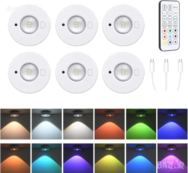 Кухненски лампи под шкаф Ruspela Акумулаторни, 6 броя, RGB, дистанционно, снимка 1