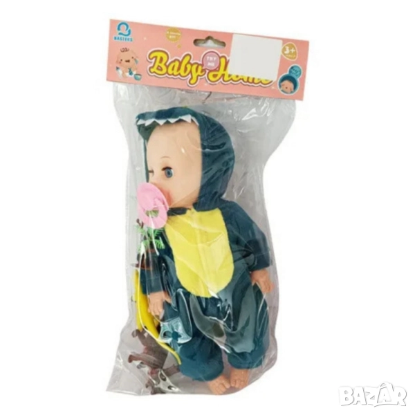 Кукла бебе с костюм динозавър + 3 динозавъра – 35 см, снимка 1
