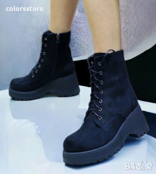 Боти на платформа - черен велур - SZL1, снимка 1
