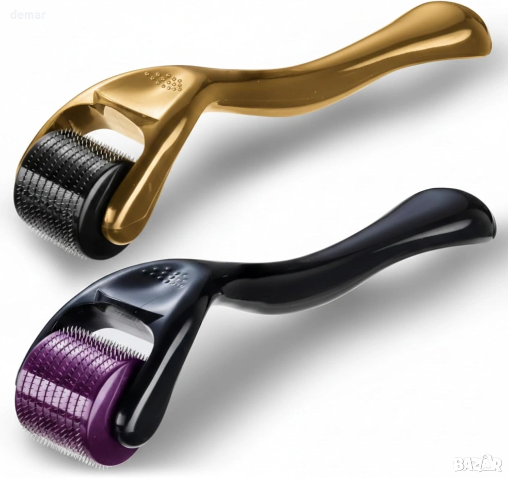 Дерма ролер, 0.5 мм, 540 титаниеви микро иглички за мъже и жени, пакет от 2 златисто/черно, снимка 1