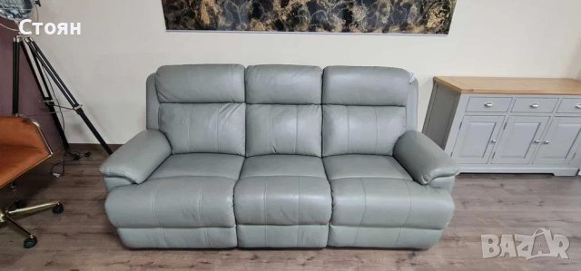 Сив кожен диван тройка "Moreno" с ръчен релаксиращ механизъм, снимка 1 - Дивани и мека мебел - 43896361