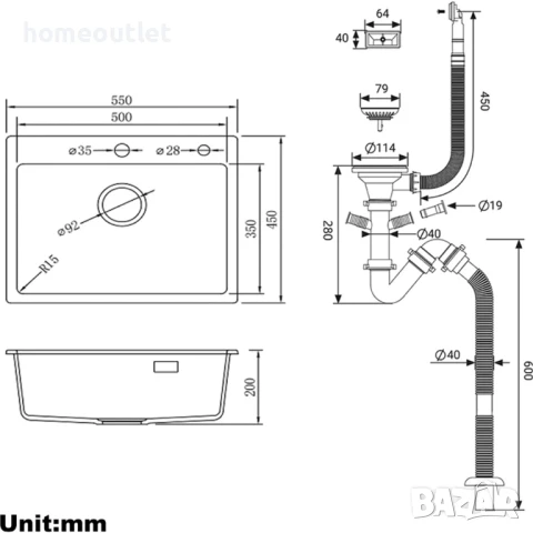 ПРОМОЦИЯ Квадратна мивка Auralum 55 x 45 см AURALUM GRANITE KITCHEN SINK 913258-06-JNC0601, снимка 4 - Други - 50970073