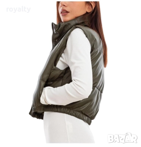 Дамска зелена ватирана кожена грейка, снимка 3 - Елеци - 52201545