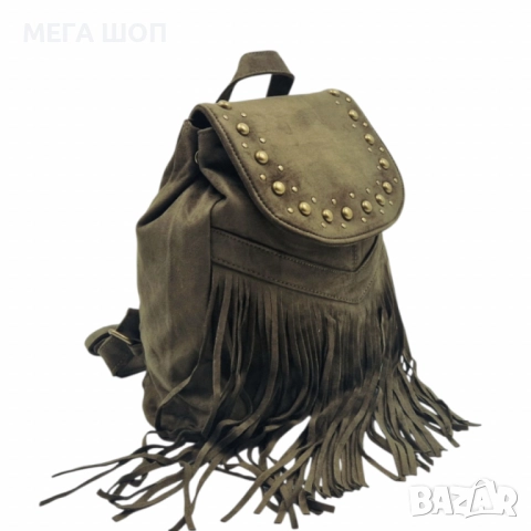 Велурена дамска раница с ресни и метални нитове – бохо стил и практичност, снимка 11 - Раници - 52643500