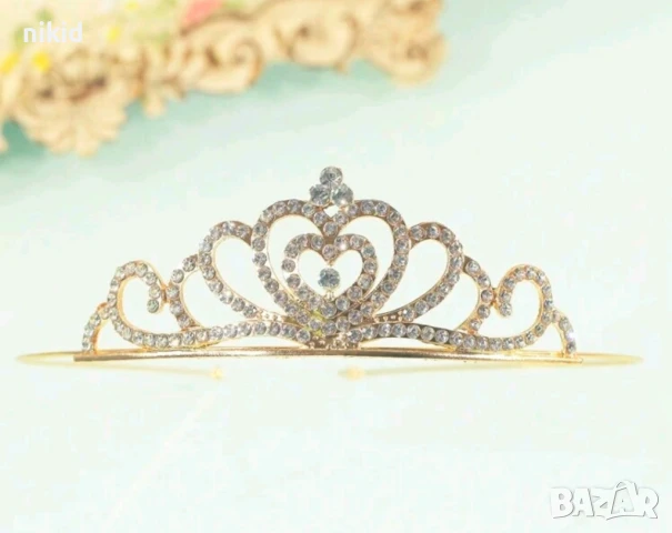 Златиста със сърце сърца и камъчета метална диадема тиара венец корона дамска детска