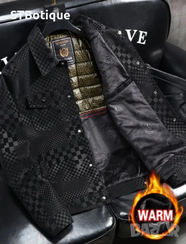 🧥✨ МЪЖКО ПАЛТО С КАРИРАН ДЕСЕН ОТ ИЗКУСТВЕНА КОЖА – STBOUTIQUE ✨🧥, снимка 2 - Якета - 52135208