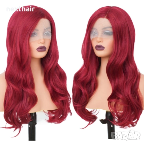 60 см червена чуплива перука с дантела  4*1, снимка 5 - Аксесоари за коса - 51049356