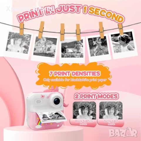 Детски фотоапарат с принтер за незабавен печат Фотопринтер Розов с еднорог, снимка 8 - Други - 52622402
