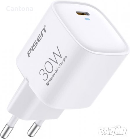 Pisen-PD 30W бързо зарядно устройство (EU) GAN малък размер, USB C, снимка 1 - Оригинални зарядни - 40047730