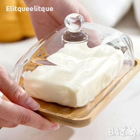 Стъклена кутия за масло с акациева и стъклен капак, снимка 4 - Други - 52339850