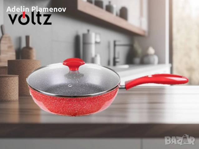 Тиган Voltz, 24см./26см., Дълбок с капак,  Мраморно покритие, Индукция, Червен, снимка 2 - Съдове за готвене - 53293623