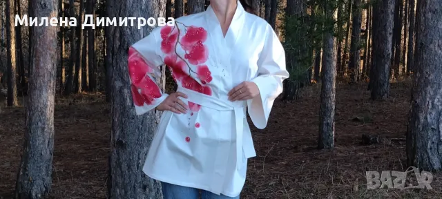 Ръчно рисувано сатенирано кимоно , снимка 6 - Сака - 48865711