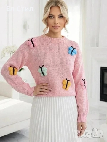 📌#Дамски #плетен #пуловер с пеперуди Производител: Италия Универсал  Цена 29 евро Еконт, снимка 5 - Блузи с дълъг ръкав и пуловери - 53501267