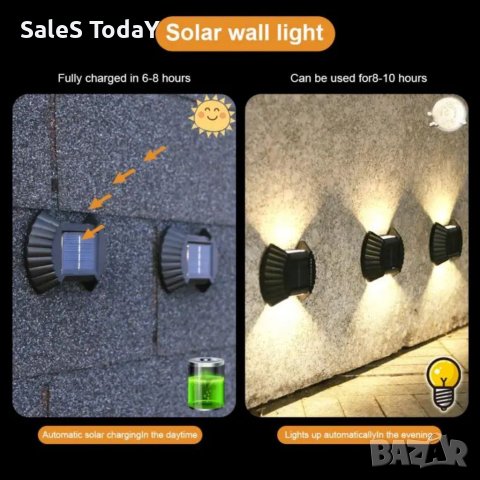 Осветление за стена, Соларна лампа, за стена, стълби или ограда, 4бр.
