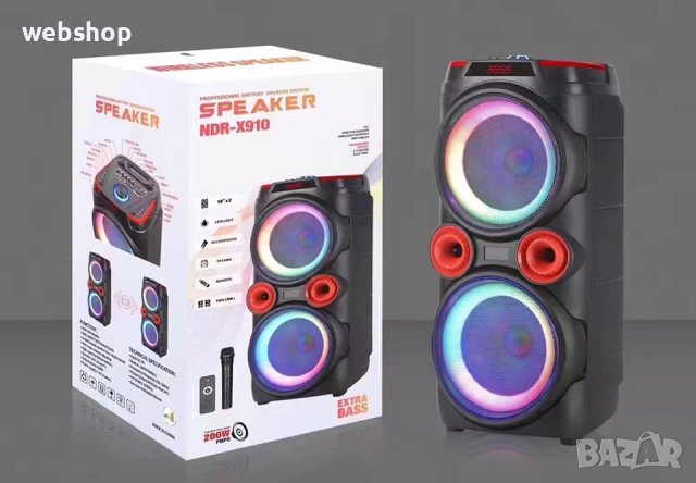 УНИКАЛНА!!! Мощна активна караоке тонколона NDR-X910 2х10 инча, LED светлини, снимка 1