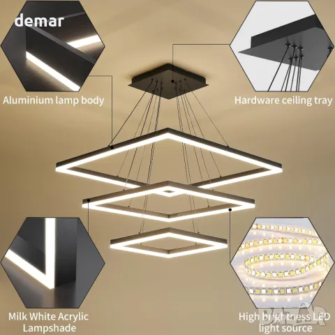 Модерен LED полилей, димируем, 3-слоен квадрат, регулиране на височина, снимка 4 - Полилеи - 48205109