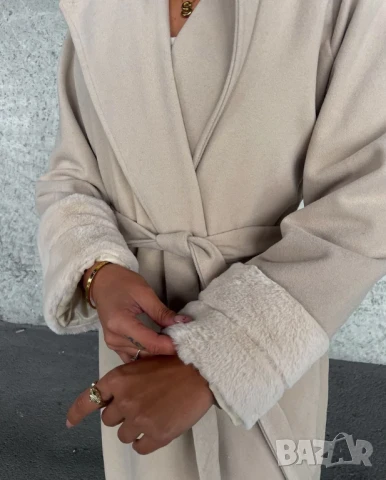 Зимно палто с колан и пух по ръкавите и яката , снимка 3 - Палта, манта - 50452546