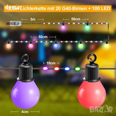 IRISECO 12,5м цветни външни крушки, Водоустойчиви Festoon светлини, 100LED+20 крушки, 12 режима USB, снимка 6 - Други - 47527308
