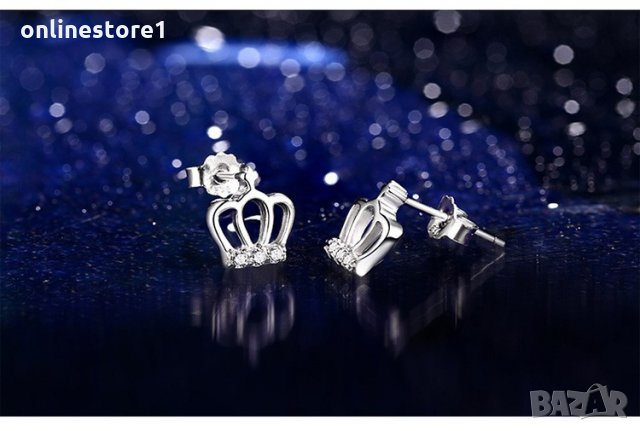 Сребърни Обеци Кралска корона - 925 печат сребро BA208, снимка 2 - Обеци - 28147543