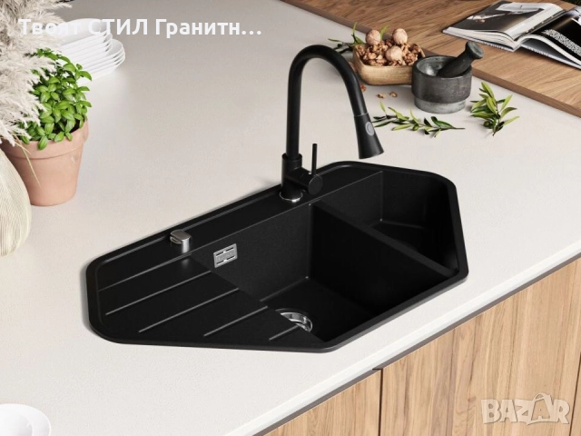 Черна ъглова кухненска гранитна мивка Копенхаген 900 Corner 900x500 мм, снимка 4 - Мивки - 51892470