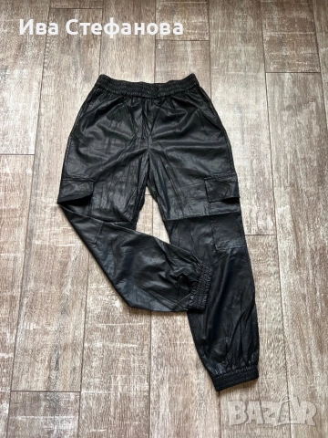  Нов черен еластичен ежедневен елегантен кожен панталон висока талия ластик на кръста , снимка 2 - Панталони - 37486523